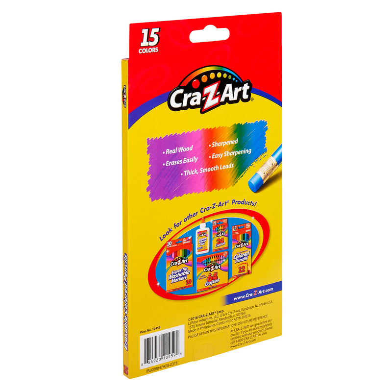 Back of a box of Cra-Z-Art Erasable Colored Pencils 12+3 Count, showcasing product features such as real wood, easy sharpening, thick, sharpened leads, and erasability. Includes images of other Cra-Z-Art products.