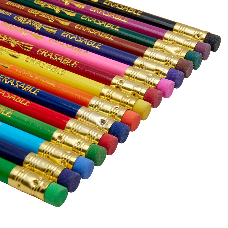 A series of Cra-Z-Art Erasable Colored Pencils 12+3 Count arranged in a row, each featuring a gold ferrule and a different colored eraser.