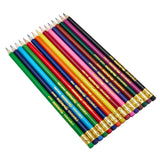 A set of twelve Cra-Z-Art Erasable Colored Pencils 12+3 Count arranged in a straight line, featuring various colors with erasers on the ends.