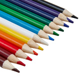 Close-up of Cra-Z-Art Erasable Colored Pencils 12+3 Count arranged in a diagonal line. The pencils are sharpened and feature a variety of colors, including red, yellow, blue, green, and more.