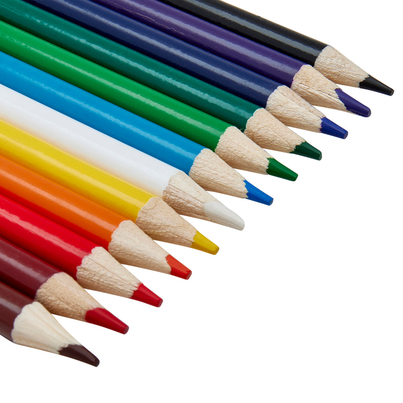 Close-up of Cra-Z-Art Erasable Colored Pencils 12+3 Count arranged in a diagonal line. The pencils are sharpened and feature a variety of colors, including red, yellow, blue, green, and more.