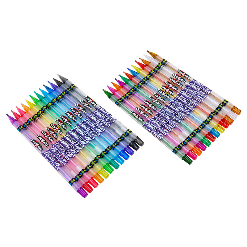 Two sets of Cra-Z-Art Twist Up Colored Pencils 24 Count are arranged in rows, each set showcasing a variety of bright colors with clear plastic casing and caps matching the ink color.