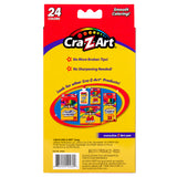 Back of a Cra-Z-Art Twist Up Colored Pencils 24 Count box showing product features such as "No More Broken Tips!" and "No Sharpening Needed!" along with images of other Cra-Z-Art products and company information.
