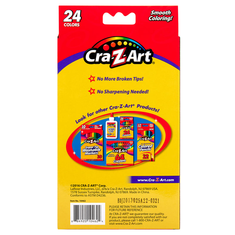 Back of a Cra-Z-Art Twist Up Colored Pencils 24 Count box showing product features such as "No More Broken Tips!" and "No Sharpening Needed!" along with images of other Cra-Z-Art products and company information.