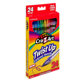 Front view of a Cra-Z-Art Twist Up Colored Pencils 24 Count box. The packaging is mostly yellow with rainbow colors and states "Thick, Strong Leads!" and "Smooth Coloring!".