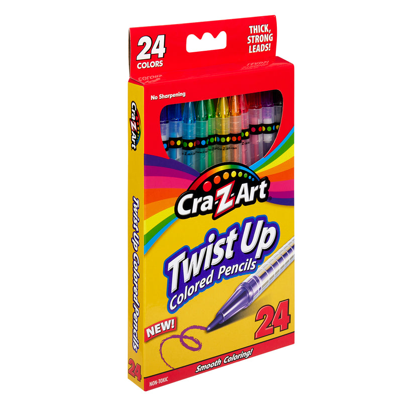 Front view of a Cra-Z-Art Twist Up Colored Pencils 24 Count box. The packaging is mostly yellow with rainbow colors and states "Thick, Strong Leads!" and "Smooth Coloring!".