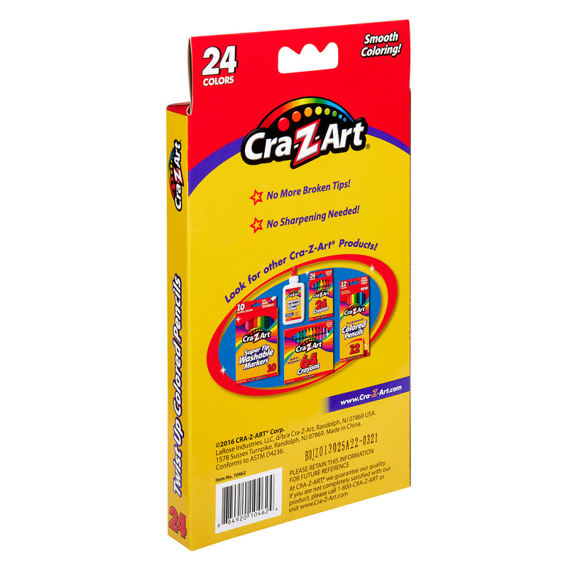 Back view of a Cra-Z-Art Twist Up Colored Pencils 24 Count box, highlighting features like "No More Broken Tips!" and "No Sharpening Needed." The package shows additional Cra-Z-Art products and has a barcode at the bottom.