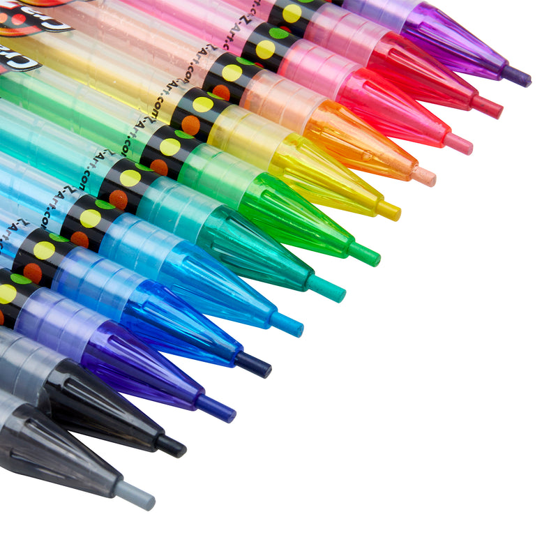 A set of Cra-Z-Art Twist Up Colored Pencils 24 Count arranged in a row, each with a transparent plastic casing displaying the ink color ranging from black to shades of blue, green, yellow, pink, and purple.