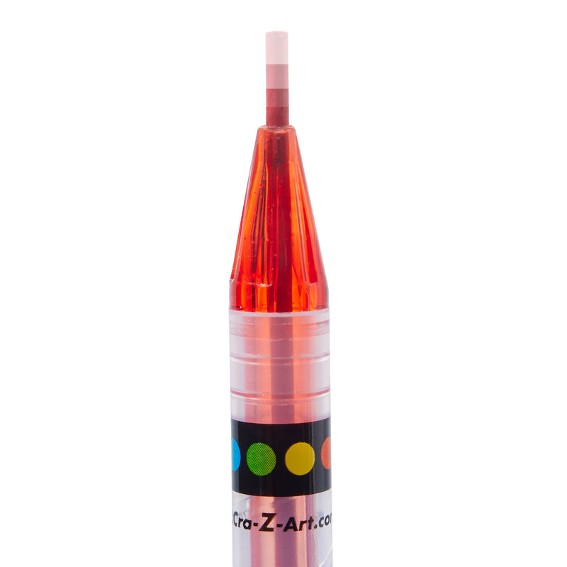 A Cra-Z-Art Twist Up Colored Pencils 24 Count with a transparent upper section and a black band with colored dots on the lower section.