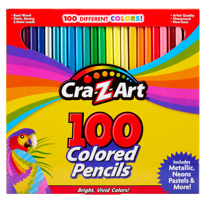 A box of Cra-Z-Art Colored Pencils 100 Count in assorted colors, including metallic, neon, and pastels. The box features a tropical bird illustration and claims "Bright, Vivid Colors!
