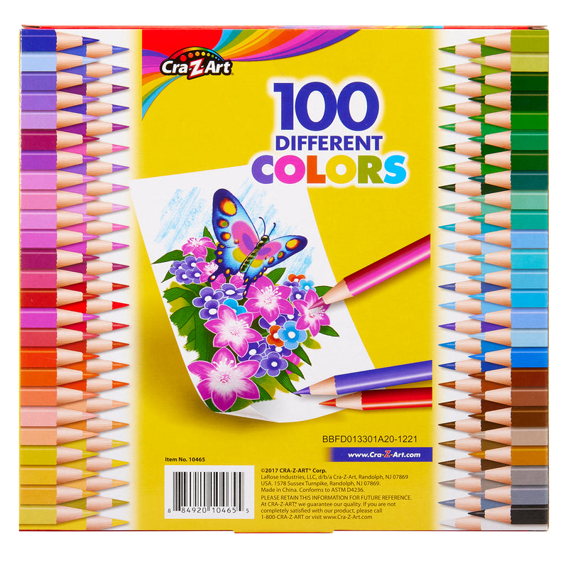 A box of Cra-Z-Art Colored Pencils 100 Count showing 100 different colors. The packaging features a drawing of flowers and a butterfly.