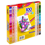 A box of Cra-Z-Art Colored Pencils 100 Count showcasing 100 different colors. The packaging features a drawing of flowers and a butterfly.