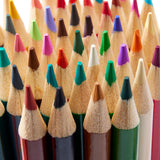 A close-up view of the tips of various sharpened Cra-Z-Art Colored Pencils 100 Count arranged vertically, showcasing a variety of colors.