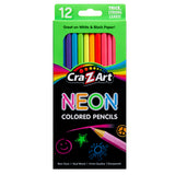 A box of Cra-Z-Art 12 Neon Colored Pencils - Vibrant Shades for Masterpieces on Any Canvas!, featuring 12 assorted bright colors, advertised as great for use on white and black paper. The packaging highlights thick, strong leads and artist quality.