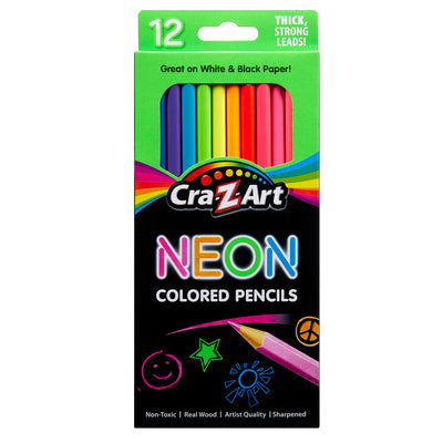 A box of Cra-Z-Art 12 Neon Colored Pencils - Vibrant Shades for Masterpieces on Any Canvas!, featuring 12 assorted bright colors, advertised as great for use on white and black paper. The packaging highlights thick, strong leads and artist quality.