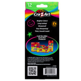 Back of a Cra-Z-Art 12 Neon Colored Pencils - Vibrant Shades for Masterpieces on Any Canvas! package showing product information, features like long-lasting, smooth leads, and the number 12 at the top. Various product images and icons are also visible.
