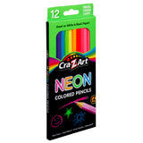 Box of Cra-Z-Art 12 Neon Colored Pencils - Vibrant Shades for Masterpieces on Any Canvas!, featuring 12 bright colors for drawing on white and black paper. The box highlights their thick, strong leads, and the non-toxic, real wood construction.