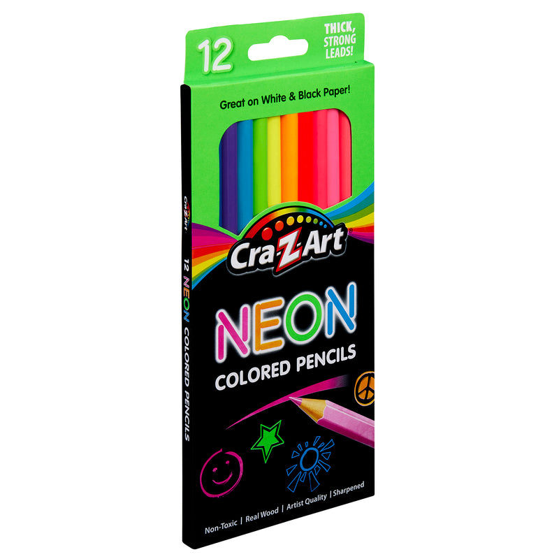 Box of Cra-Z-Art 12 Neon Colored Pencils - Vibrant Shades for Masterpieces on Any Canvas!, featuring 12 bright colors for drawing on white and black paper. The box highlights their thick, strong leads, and the non-toxic, real wood construction.