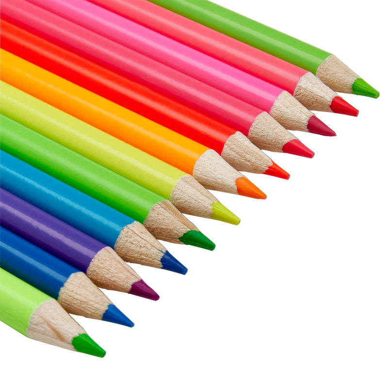 A row of twelve Cra-Z-Art 12 Neon Colored Pencils - Vibrant Shades for Masterpieces on Any Canvas! arranged with their points facing right, featuring colors like green, pink, yellow, orange, red, blue, purple, and more.