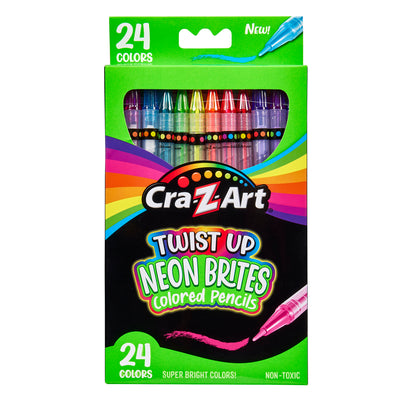 A package of Cra-Z-Art Twistable Neon Bold & Brite Colored Pencils, 24 Pack - 24 Vibrant Colors for Effortless Artistry! The box highlights "24 colors," "super bright colors," and "non-toxic." The box is predominantly green with a rainbow design.