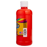 A tall plastic bottle filled with red liquid, featuring a white cap and a rainbow-colored label with text and a barcode. An American flag is on the bottom left of the label. Cra-Z-Art Orange Paint 16 oz - Bold, Vibrant, and Easy to Apply for Creative Projects! Safe for Kids 3+