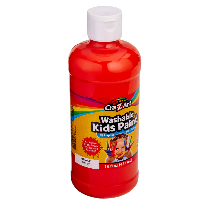 A 16 fl oz (473 mL) bottle of Cra-Z-Art Orange Paint 16 oz - Bold, Vibrant, and Easy to Apply for Creative Projects! Safe for Kids 3+. The label shows a child and states it's non-toxic and all-purpose.