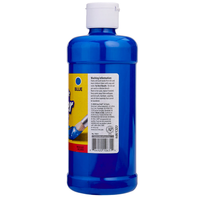 A blue plastic bottle with a white cap, displaying a label that includes washing instructions and other product information for Cra-Z-Art Blue Paint 16 oz - Bold, Vibrant, and Easy to Apply for Creative Projects! Safe for Kids 3+.