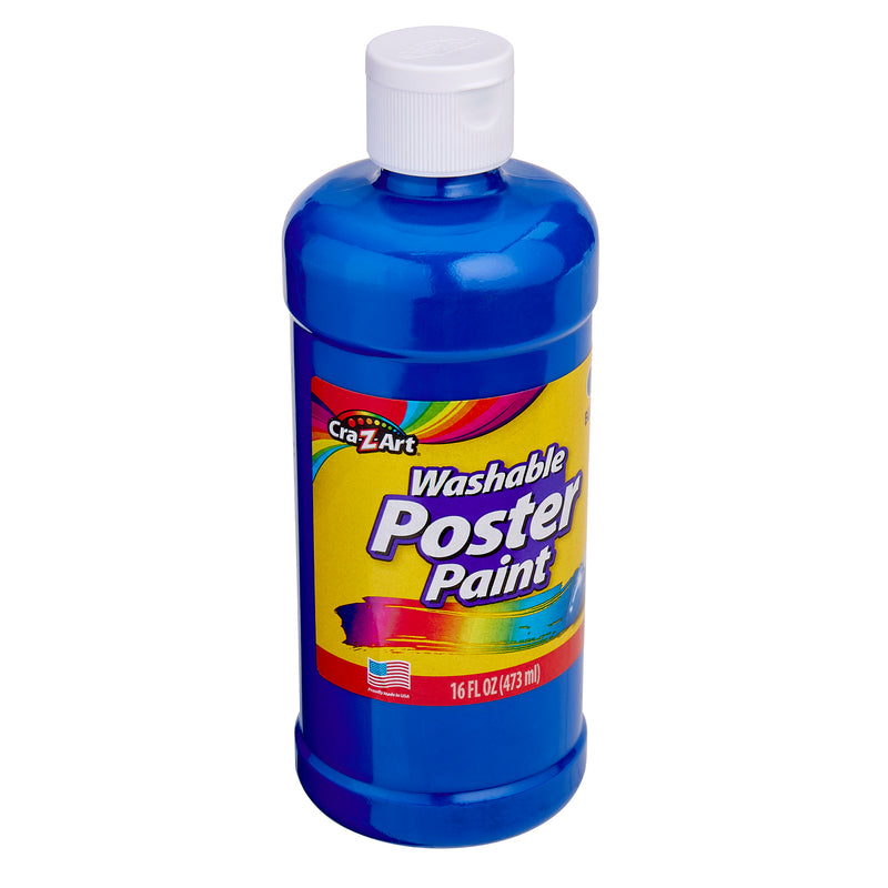 A 16 fl oz (473 ml) bottle of Cra-Z-Art Blue Paint 16 oz - Bold, Vibrant, and Easy to Apply for Creative Projects! Safe for Kids 3+ with a screw-on white cap.