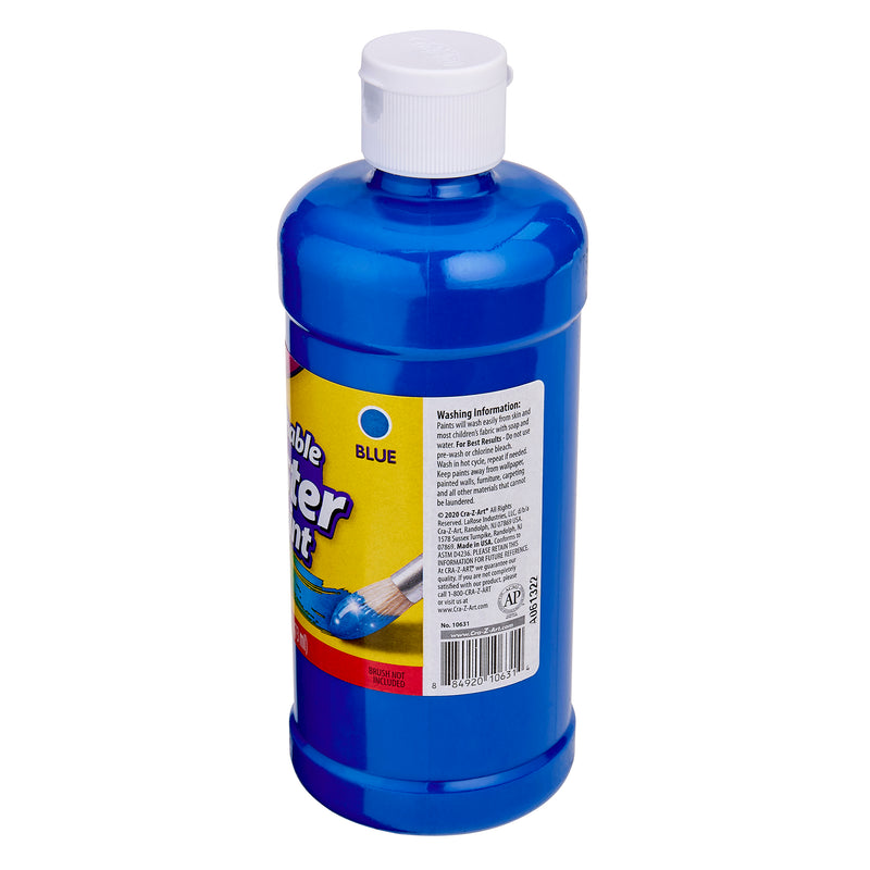 You see a blue bottle of washable poster paint with a white cap. The label shows product information, including washing instructions and a small paintbrush illustration. It is labeled as "Cra-Z-Art Blue Paint 16 oz - Bold, Vibrant, and Easy to Apply for Creative Projects! Safe for Kids 3+.