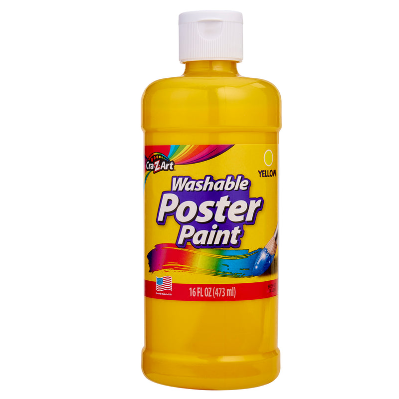 A bottle of yellow washable poster paint, labeled "Cra-Z-Art Yellow Paint 16 oz - Bold, Vibrant, and Easy to Apply for Creative Projects! Safe for Kids 3+," with a volume of 16 fluid ounces (473 milliliters).