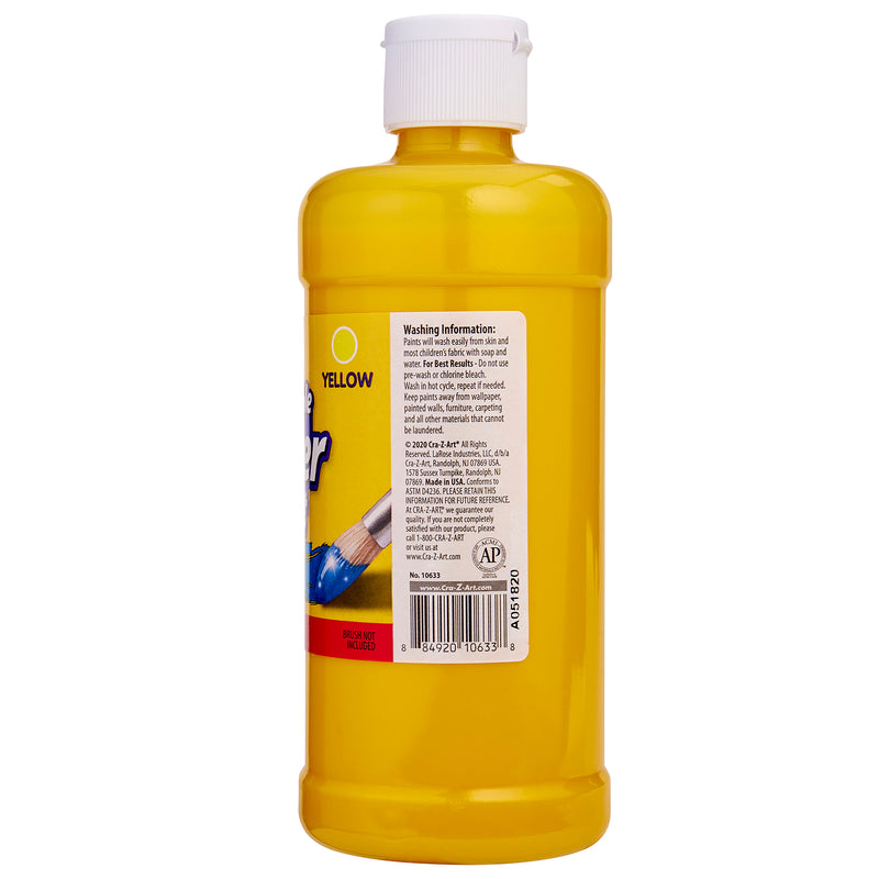A Cra-Z-Art Yellow Paint 16 oz - Bold, Vibrant, and Easy to Apply for Creative Projects! Safe for Kids 3+. The label on the bottle provides washing instructions and product information.