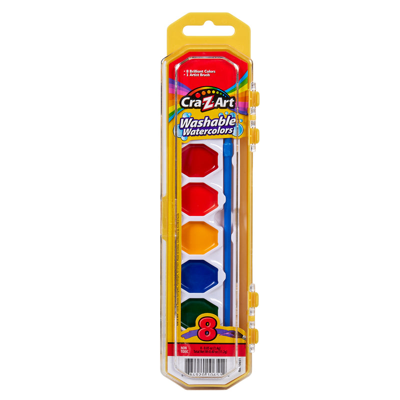 Pack of 8 ct. Washable Watercolors w/ Brush, peggable tray with a yellow case, featuring 8 colors and a paintbrush.