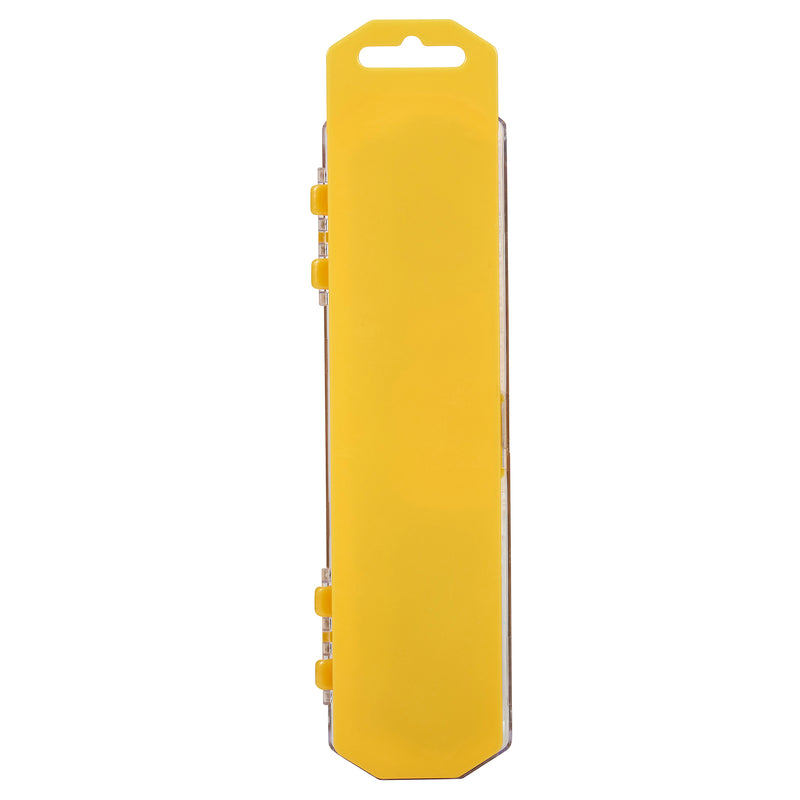 A yellow rectangular container with a handle and several latches on the side containing 8 ct. Washable Watercolors w/ Brush, peggable tray.