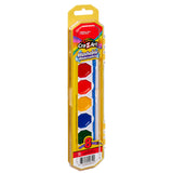 A pack of 8 ct. Washable Watercolors w/ Brush, peggable tray with 8 different colors in a yellow plastic casing. The colors include purple, blue, green, yellow, orange, red, black, and brown.
