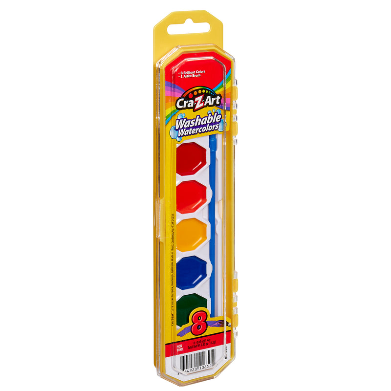 A pack of 8 ct. Washable Watercolors w/ Brush, peggable tray with 8 different colors in a yellow plastic casing. The colors include purple, blue, green, yellow, orange, red, black, and brown.