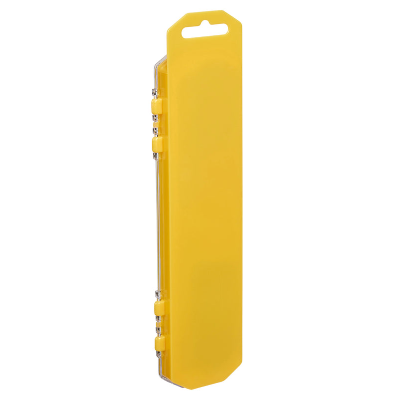 A yellow rectangular plastic 8 ct. Washable Watercolors w/ Brush, peggable tray with a hanging slot at the top, shown in a vertical orientation.