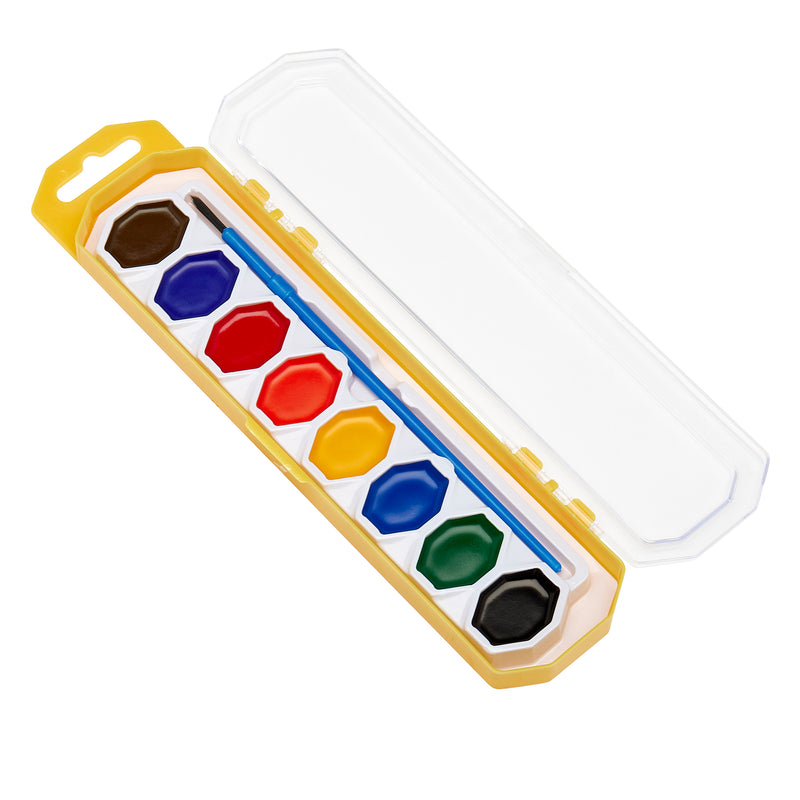 A plastic case of 8 ct. Washable Watercolors w/ Brush, peggable tray, all stored in individual compartments with a clear lid.