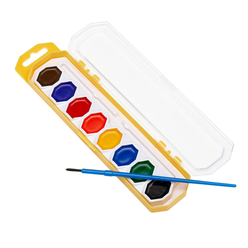 A yellow plastic 8 ct. Washable Watercolors w/ Brush, peggable tray with a clear lid, containing eight various colored paint blocks and a blue paintbrush.