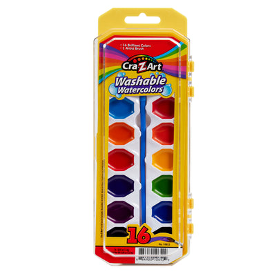 A package of Cra-Z-Art Washable Watercolors w/ Brush 16 Count featuring 16 different colors and a brush. The package is yellow with a clear plastic cover displaying the colors inside.