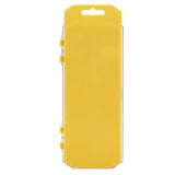 Close-up of a rectangular yellow plastic case with a clear side and a hanging tab at the top containing Cra-Z-Art Washable Watercolors w/ Brush 16 Count.