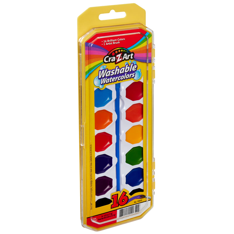 A plastic case containing Cra-Z-Art Washable Watercolors w/ Brush 16 Count in various colors.