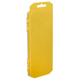 A yellow Cra-Z-Art Washable Watercolors w/ Brush 16 Count with a transparent plastic cover, featuring a notch at the top for hanging.