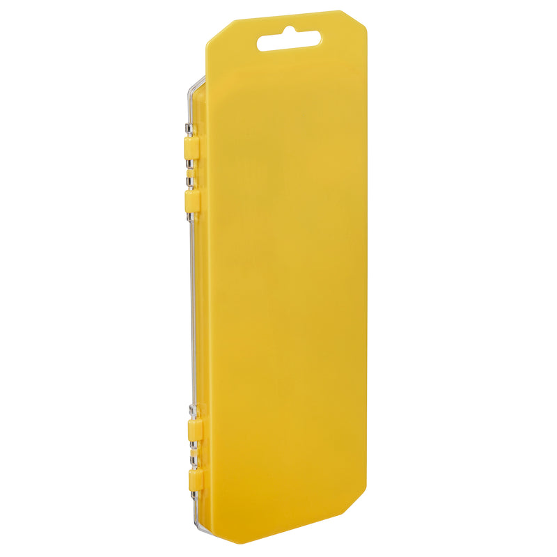 A yellow Cra-Z-Art Washable Watercolors w/ Brush 16 Count with a transparent plastic cover, featuring a notch at the top for hanging.