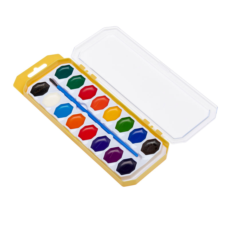 Open paint palette with a clear lid showing 12 different watercolor pans and a blue-handled paintbrush in the center featuring Cra-Z-Art Washable Watercolors w/ Brush 16 Count.