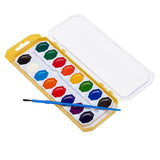 A Cra-Z-Art Washable Watercolors w/ Brush 16 Count set with 16 different colored watercolors and a blue paintbrush, all contained in a yellow plastic case with a transparent lid.