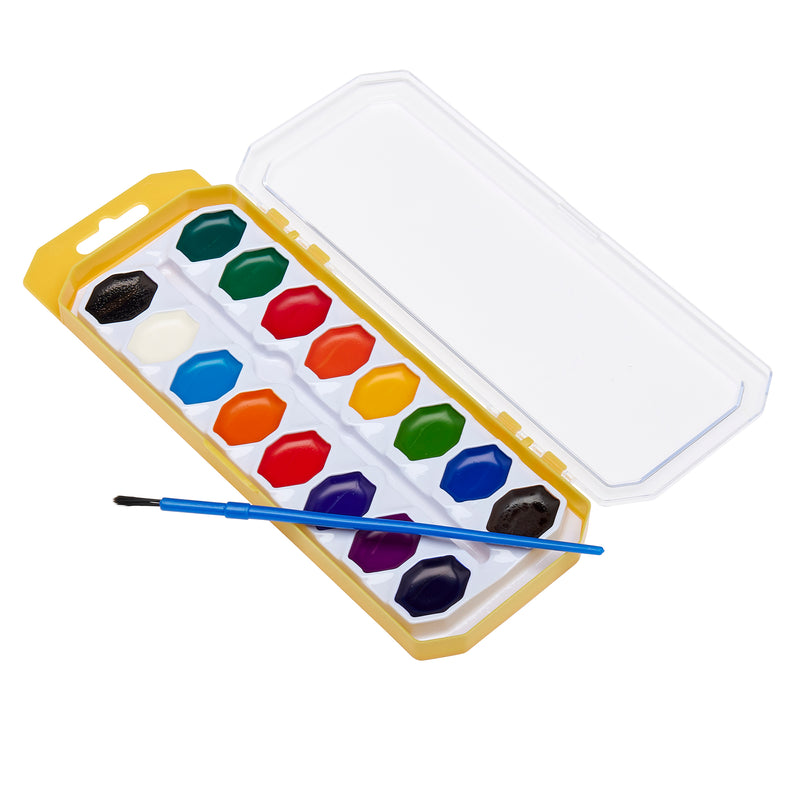 A Cra-Z-Art Washable Watercolors w/ Brush 16 Count set with 16 different colored watercolors and a blue paintbrush, all contained in a yellow plastic case with a transparent lid.