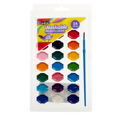 A Cra-Z-Art 24 Color Washable Watercolors: Vibrant Palette for Creative Kids & Art Enthusiasts! set with 24 colors and a blue artist brush in a white plastic case.