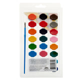 A Cra-Z-Art 24 Color Washable Watercolors: Vibrant Palette for Creative Kids & Art Enthusiasts! with 21 colored watercolor paint tablets arranged in a grid, accompanied by a blue-handled paintbrush. The package also includes product labeling and a barcode.