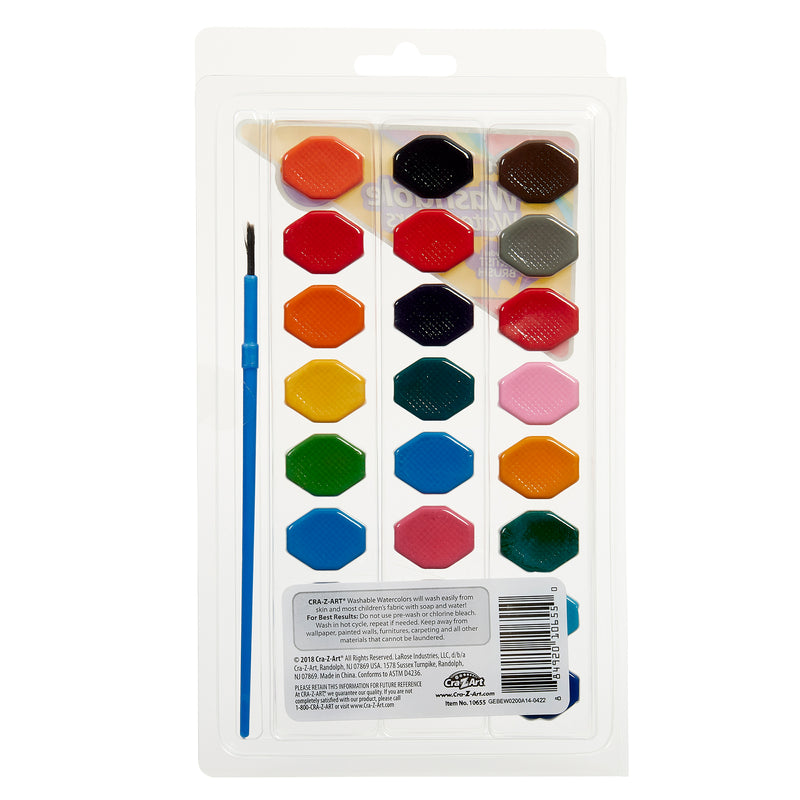 A Cra-Z-Art 24 Color Washable Watercolors: Vibrant Palette for Creative Kids & Art Enthusiasts! with 21 colored watercolor paint tablets arranged in a grid, accompanied by a blue-handled paintbrush. The package also includes product labeling and a barcode.