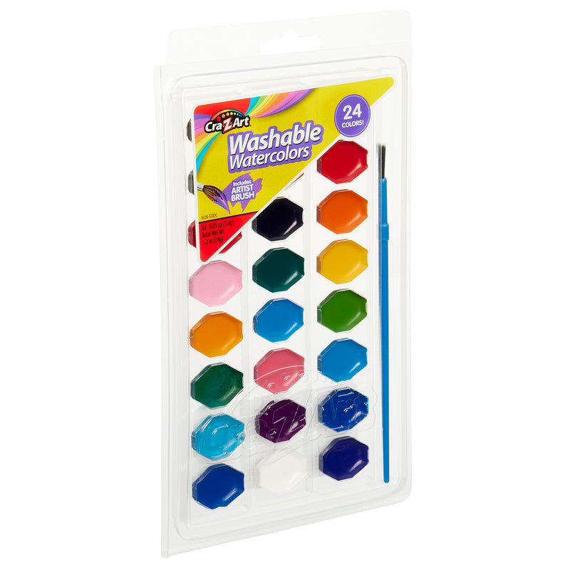 A Cra-Z-Art 24 Color Washable Watercolors: Vibrant Palette for Creative Kids & Art Enthusiasts! in various colors, packaged with a small paintbrush in a plastic case.